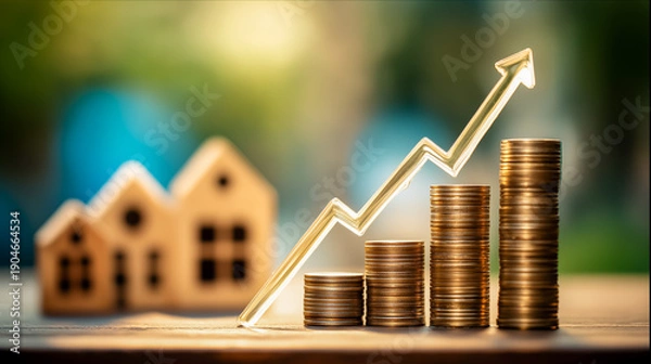 Obraz 住宅価格の高騰を示す上向き矢印と家のアイコン