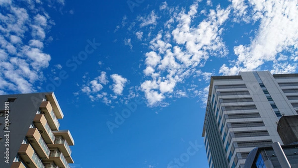 Obraz 都会の真ん中で見上げた秋の澄んだ空と日光を反射するオフィスビル