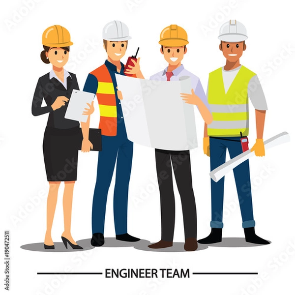 Obraz Technik i budowniczowie, inżynierowie i mechanicy Praca zespołowa, postać z kreskówki ilustracji wektorowych.