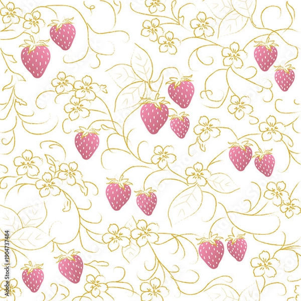 Fototapeta 金ラインで描く苺と花の上品シームレスパターン（ピンク）ー ゴールドラインで描いた花と蔓に、ピンクの苺をアクセントとして配置した上品なシームレスパターンです。ゆめかわいい高級感を兼ね備え、ポスターやポストカード、背景素材、マスキングシールやフレークシール、苺スイーツの販促デザインまで幅広く活用できます。繰り返し使用しやすい構成です。