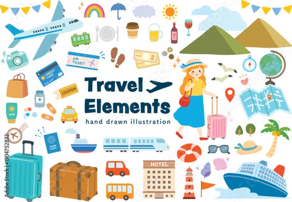 Obraz 旅行・お出かけのかわいい手描きイラストセット　トラベル・観光・アイコン