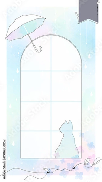 Obraz 梅雨の窓辺と猫のシルエット 水彩風背景素材（あじさい・雨・傘）