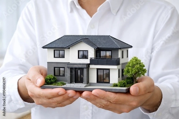Fototapeta 両手で大切に支えられた住宅模型から伝わるマイホーム購入と安心な暮らし