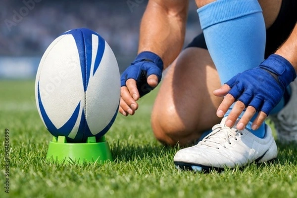 Obraz 芝生のグラウンドでラグビーボールをセットし試合開始前の集中と緊張感が伝わるスポーツシーン