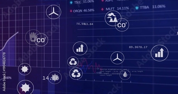 Fototapeta Displaying data dashboard on-screen, showing grid chart with rising line, numeric readouts, code