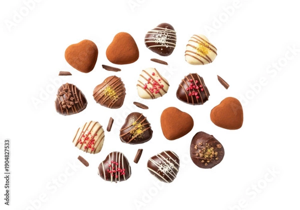 Obraz Assorted chocolates arranged in a circular pattern on a white background isolated on transparent background