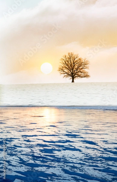 Obraz Baum auf einem Hügel mit einem gefrorenen See