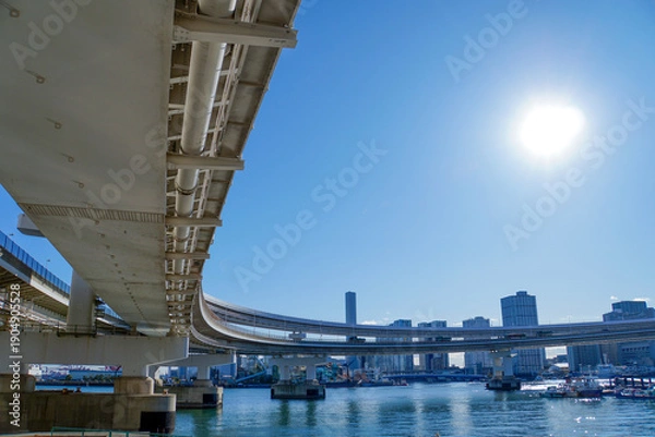 Obraz 逆光の中に輝く太陽と大きく湾曲する高速道路の高架橋