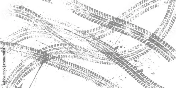 Obraz Overlapping gray tire tracks create a complex pattern on a white background, suggesting motion and grunge
