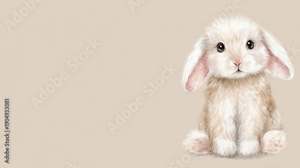 Obraz Cute White Rabbit Sitting on Beige Background