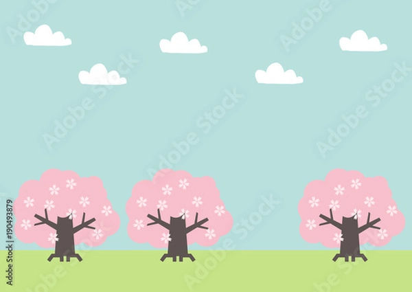 Fototapeta 桜の木の風景。春の野山の風景。桜の花の風景。