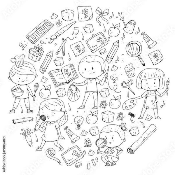 Obraz Children. School and kindergarten. Creativity and education. Music. Exploration. Science. Imagination. Play and study. Cooking. Singing. Reading. Different hobby and lessons. Vector illustration