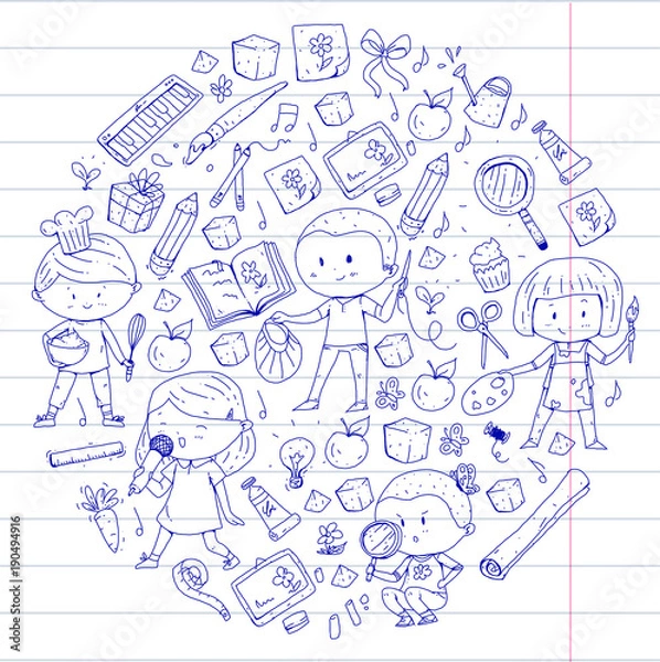 Fototapeta Children. School and kindergarten. Creativity and education. Music. Exploration. Science. Imagination. Play and study. Cooking. Singing. Reading. Different hobby and lessons. Vector illustration