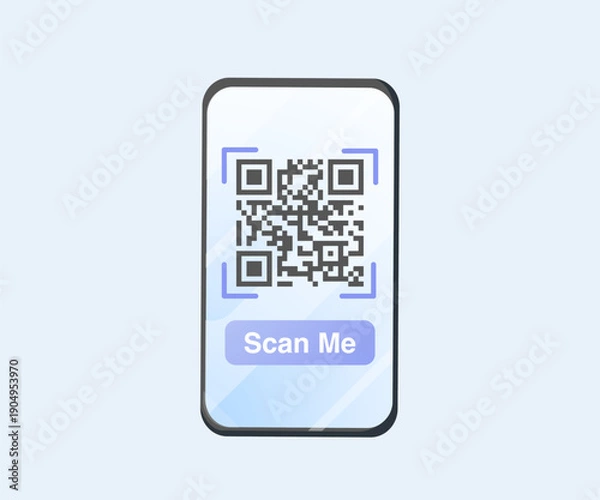 Obraz Scanning qr code with smartphone vector illustration 3D render cartoon. Client scanning qr code with smartphone. Qr Code