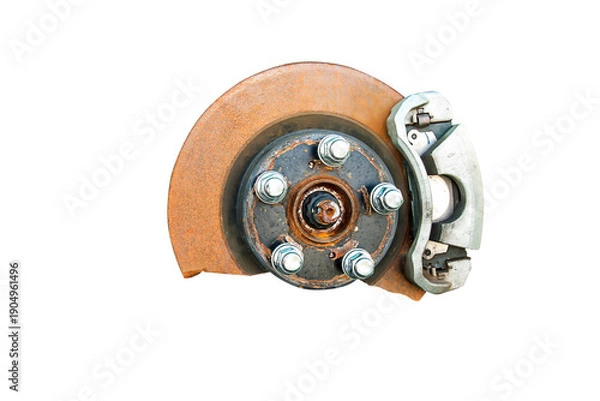Obraz damaged and rusty brake disc isolate on white background.