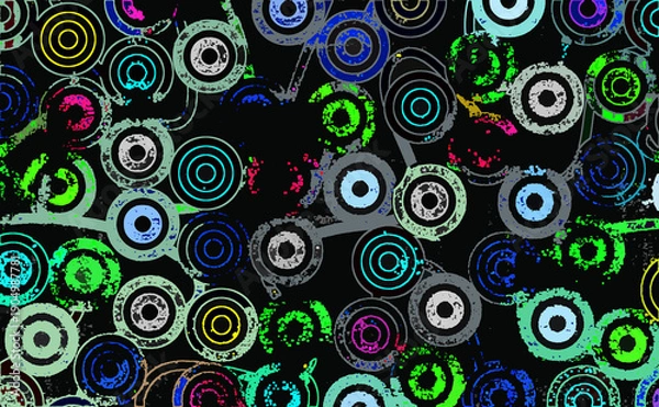 Obraz グランジでざらざらとした割れ、かすれや汚れのある質感の表面でカラーとモノクロの色の円が重なる形のオブジェクトがたくさん並ぶ模様の柄でデザインしたイラストの画像、装飾物、背景、壁紙、テクスチャのグラフィックの素材