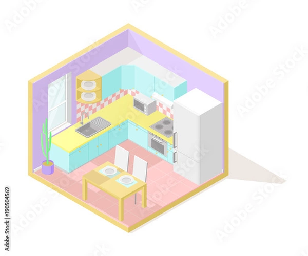 Fototapeta Vector isometric low poly cutaway interior illustartion. Kitchen