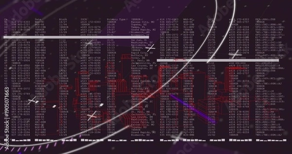 Obraz Displaying central HUD showing mono font text, ERROR labels, red wireframe skyline, light trails