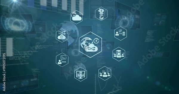 Fototapeta Floating central hexagon showing globe-cloud syncing on digital dashboard, with hex icons and code