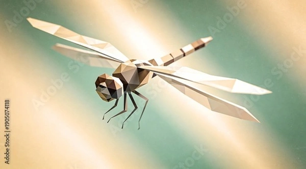 Fototapeta Ethereal low-poly dragonfly with multifaceted triangular wings hovering in dynamic diagonal composit