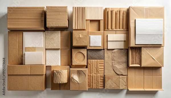 Obraz リサイクルとサステナブルな包装：段ボールのテクスチャとパッキングのレイアウト