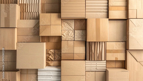 Obraz 配送準備と在庫管理：ロジスティクスを象徴するフラットレイな段ボール箱の集合