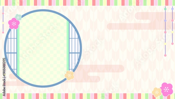 Fototapeta 春のひな祭りの和風背景フレーム素材（桃の花・丸窓・矢絣・パステルカラー）