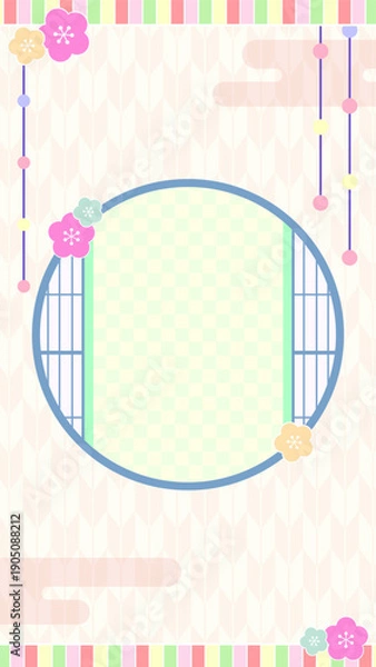 Obraz 春のひな祭りの和風背景フレーム素材、縦型（桃の花・丸窓・矢絣・パステルカラー）