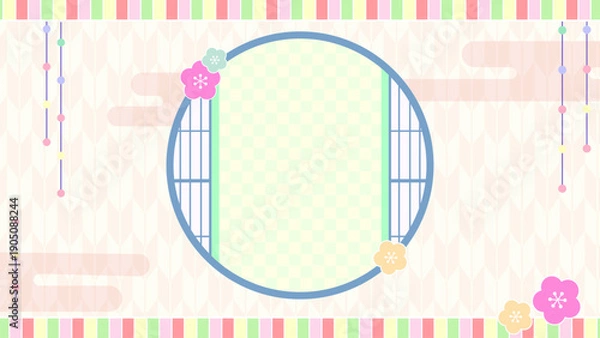Obraz 春のひな祭りの和風背景フレーム素材（桃の花・丸窓・矢絣・パステルカラー）