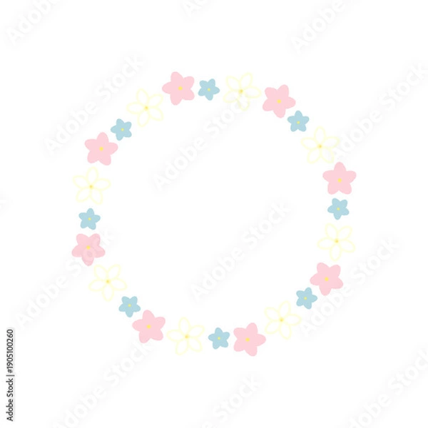 Obraz パステルカラーの手描きの花の円形フレーム素材