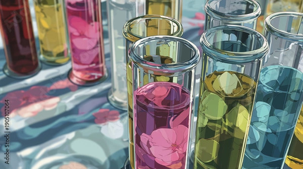 Obraz アニメ調で描かれた研究室の試験管クローズアップイラスト