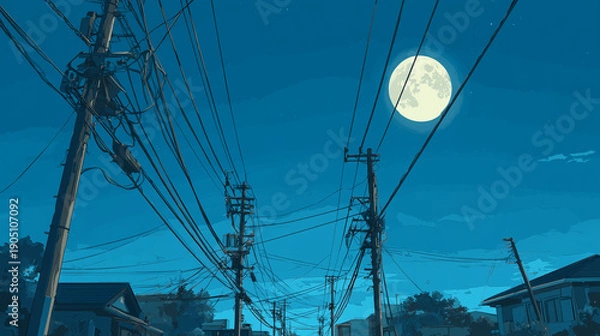 Obraz アニメ調で描かれた日本の住宅街の道路と満月の夜景