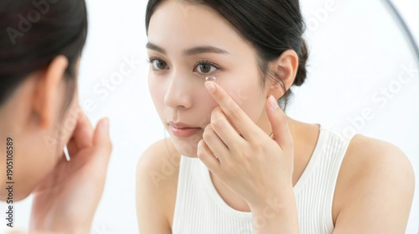 Obraz コンタクトレンズを装着する女性　指でコンタクトレンズを付ける