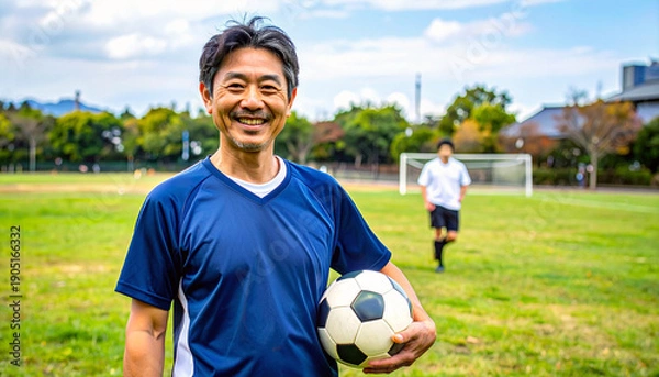 Obraz 休日にサッカーを楽しむ中年男性