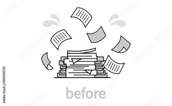 Obraz 紙書類が山積みになり業務が混乱している状態を表したイラスト