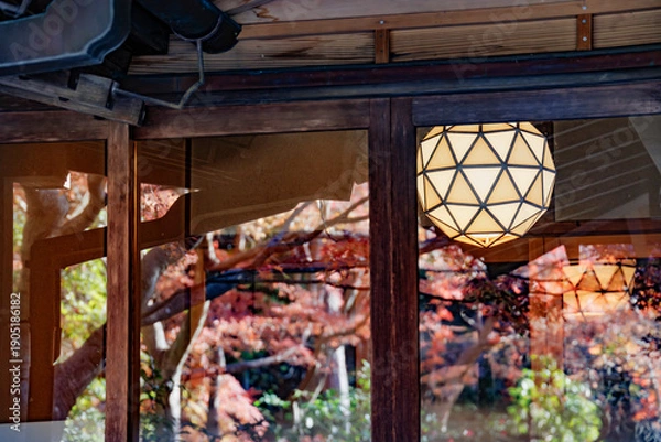 Obraz ガラスの写った紅葉とモダンな照明