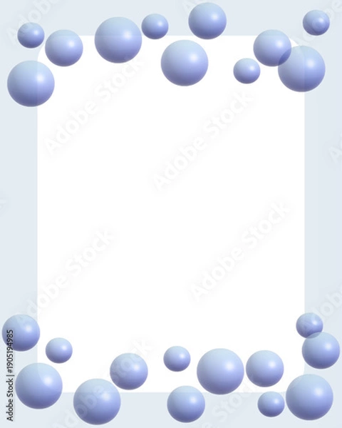 Obraz 3D blue spheres and bubbles frame on light background with copy space