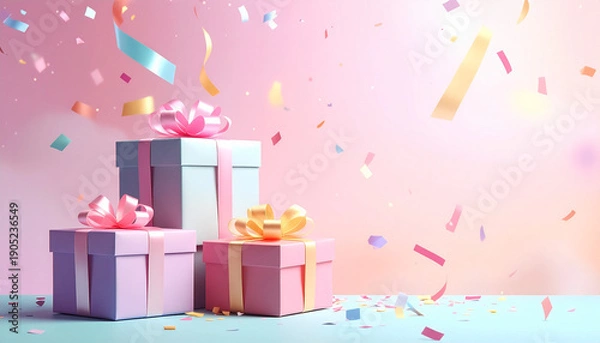 Obraz カラフルな紙吹雪とギフトボックスのポップなお祝い