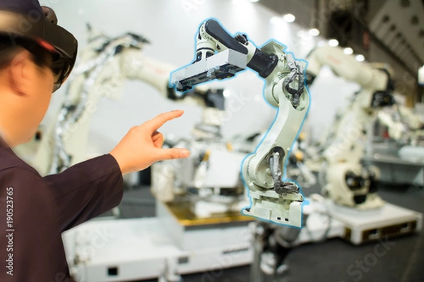 Fototapeta iot industry 4.0 concept,industrial engineer(blurred) using smart glasses with augmented mixed with virtual reality technology to monitoring machine in real time.Smart factory use Automation robot arm