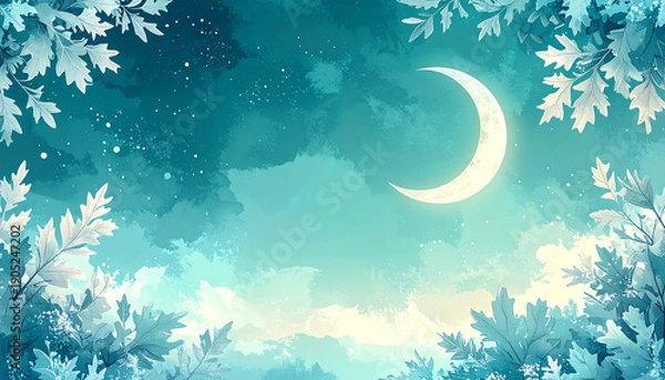 Obraz ターコイズの空に輝く三日月と白いオークリーフの秋夜