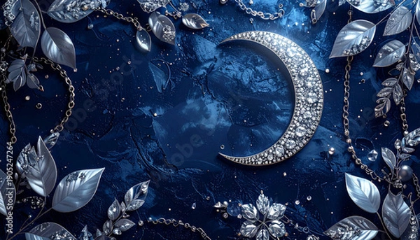 Obraz ダイヤモンドの三日月と銀色の葉が舞う濃紺ジュエリー背景