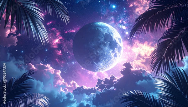 Obraz ヤシの葉と青紫の星雲に浮かぶ月の幻想的な宇宙空間