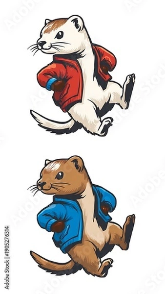 Obraz Two otters wearing jackets running energetically side by side