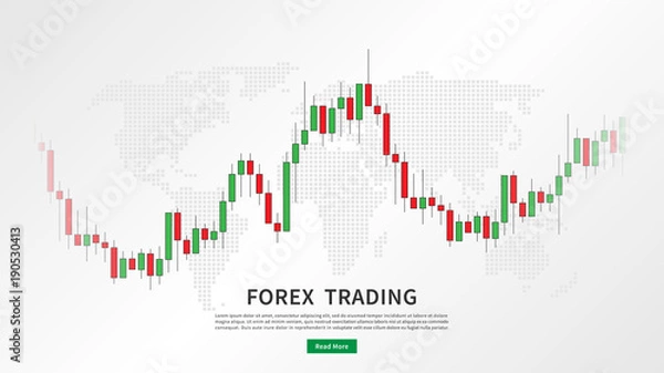 Obraz Stock market candlestick chart with world map vector illustration. Green and red japanese candle bars graph with sample text graphic design.