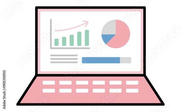 Obraz 売上やデータ分析をグラフと円チャートで可視化したノートパソコンのビジネスイラスト