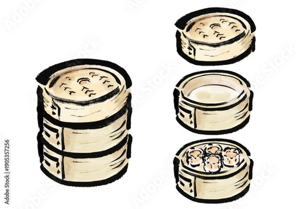 Obraz 蒸篭の分解できる和風筆イラスト素材