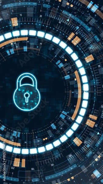 Fototapeta Vertical digital key icon with glowing HUD interface, symbolizing data access, encryption, cybersecurity and secure digital authentication technology concepts.