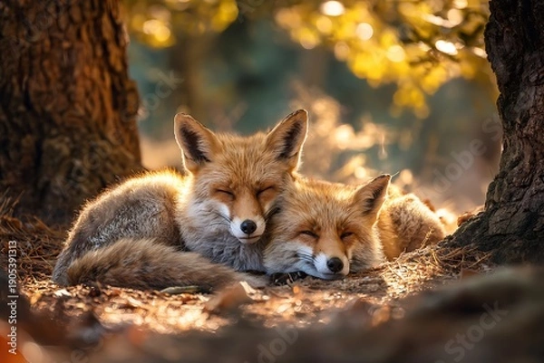 Fototapeta two foxes resting together