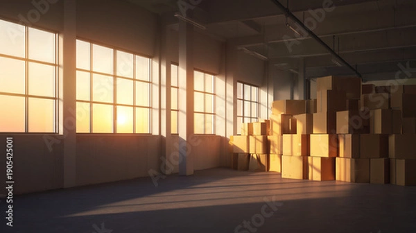 Obraz 倉庫内に整然と積み上げられた在庫の段ボール箱