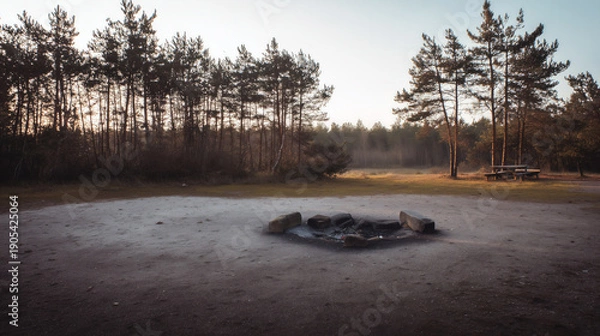 Obraz キャンプサイト撤収後に残る焚火跡の静かな風景